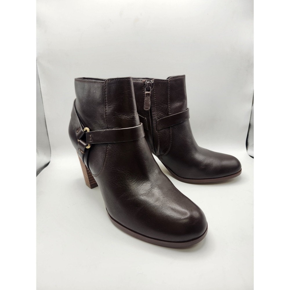 Cole Haan Womens Ankle Boots Leather Bootie Brown Side Zip Stacked Heel Sz 6B